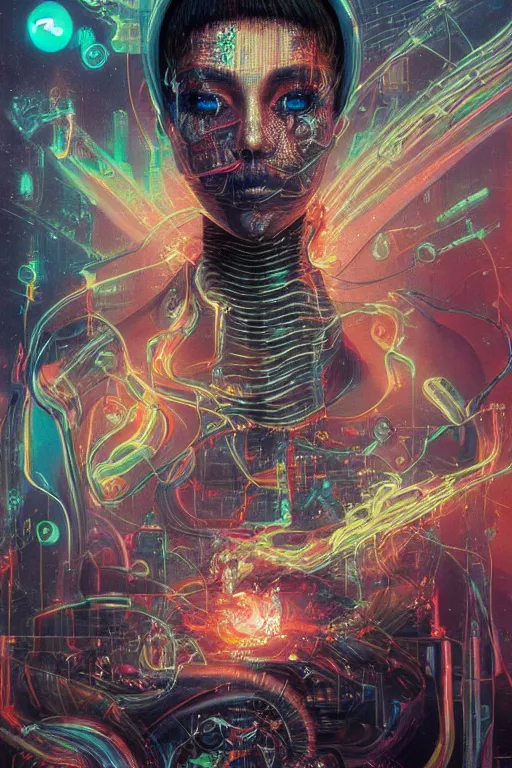 Prompt: portrait of computer & circuits, melting, nasa, 8 k, by tristan eaton, stanley artgermm, tom bagshaw, greg rutkowski, carne griffiths, ayami kojima, beksinski, giger, trending on deviantart, face enhance, hyper detailed, minimalist, cybernetic, android, blade runner, full of colour, super detailed