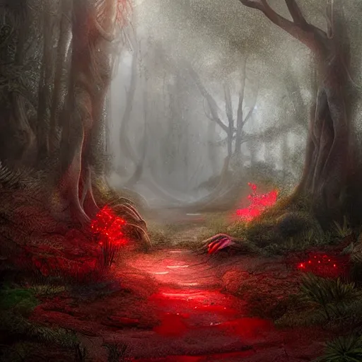 Image similar to (((red glow))) coming from cave entrance in ethereal lush forest with mystical ambiance and fog, desaturated, realistic, sharp focus, highly detailed, by artgerm