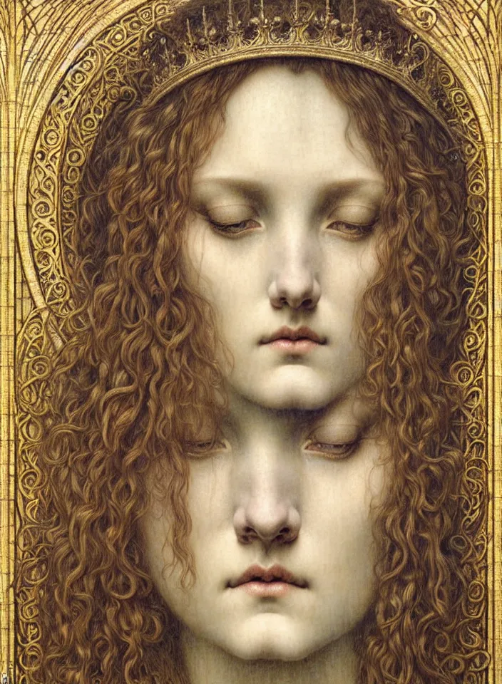 Image similar to detailed realistic beautiful young medieval queen face portrait by jean delville, gustave dore and marco mazzoni, art nouveau, symbolist, visionary, gothic, pre - raphaelite. horizontal symmetry