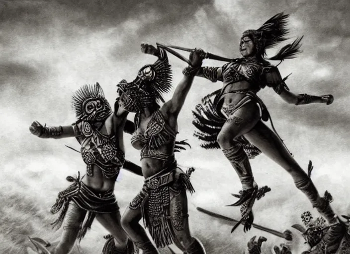 Image similar to movie, ancient Battlefield, beautiful aztec warrior females fight in air, epic, vintage, black and white, Boris vallejo, sepia, apocalypto