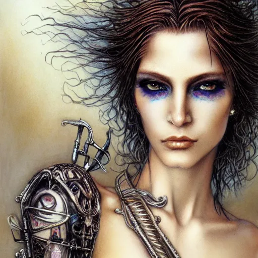 Image similar to an award finning closeup facial portrait by luis royo and john howe of a bohemian androgynous cyberpunk traveller clothed in excessively fashionable 8 0 s haute couture fashion and wearing ornate art nouveau body paint