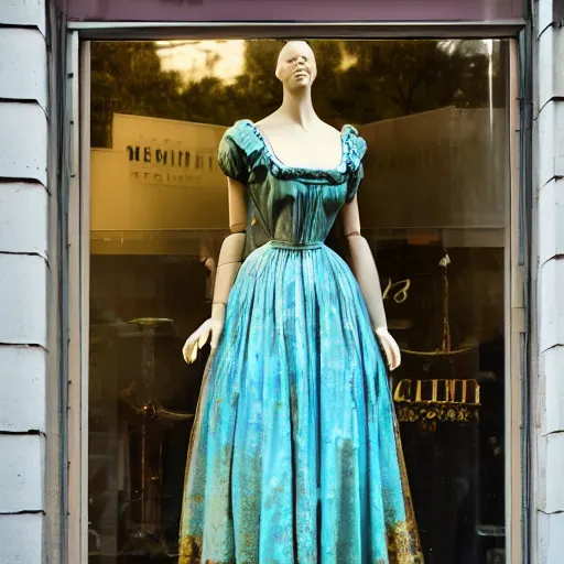 Prompt: victorian era turquoise dress on a manikin, trafalgar dress shop frontage, through the window, cobbled laneway, ambient lighting, cinematic quality, high octane, vray render, subsurface scatter, drum scanner intricate complexity, golden ratio, kojima, amano, charlie bowater museum piece, fine art