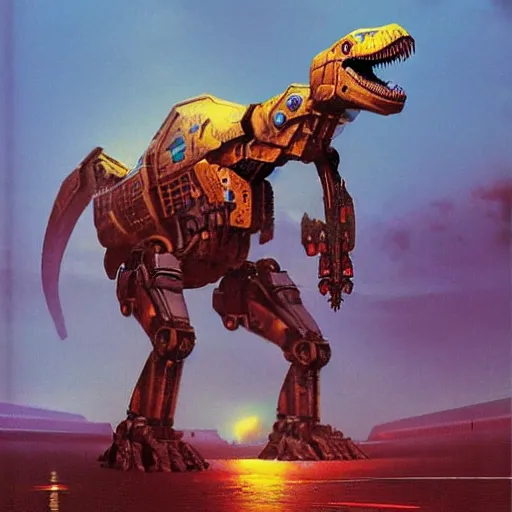 Image similar to a large anthropomorphic t - rex shaped mecha by paul lehr and moebius