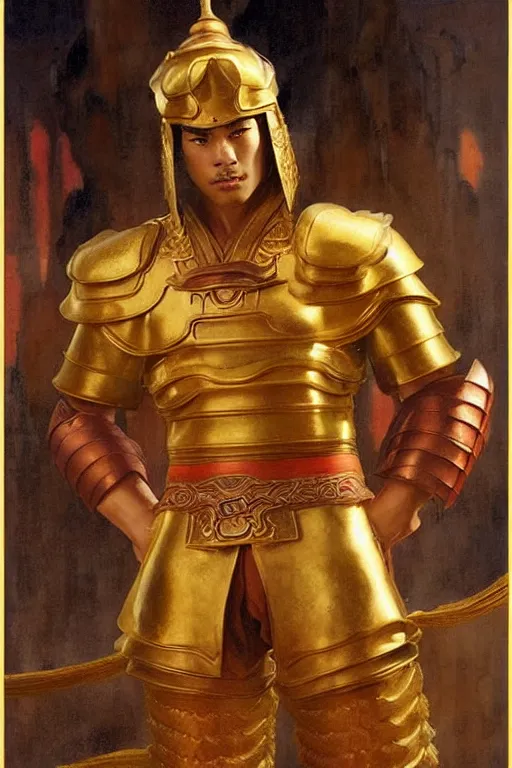 Image similar to tales of earthsea, attractive muscular male with golden armor, ming dynasty, character design, painting by gaston bussiere, craig mullins, j. c. leyendecker, tom of finland