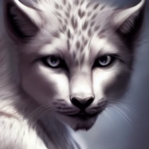 Prompt: beautiful realistic portrait of a person with white lynx head by artgerm, furry fantasy art