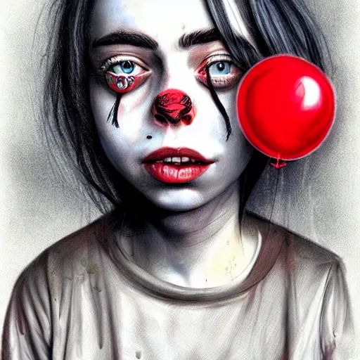 Prompt: surrealism grunge cartoon portrait sketch of billie eilish with a wide smile and a red balloon by - michael karcz, loony toons theme, pennywise theme, horror style, detailed, elegant, intricate