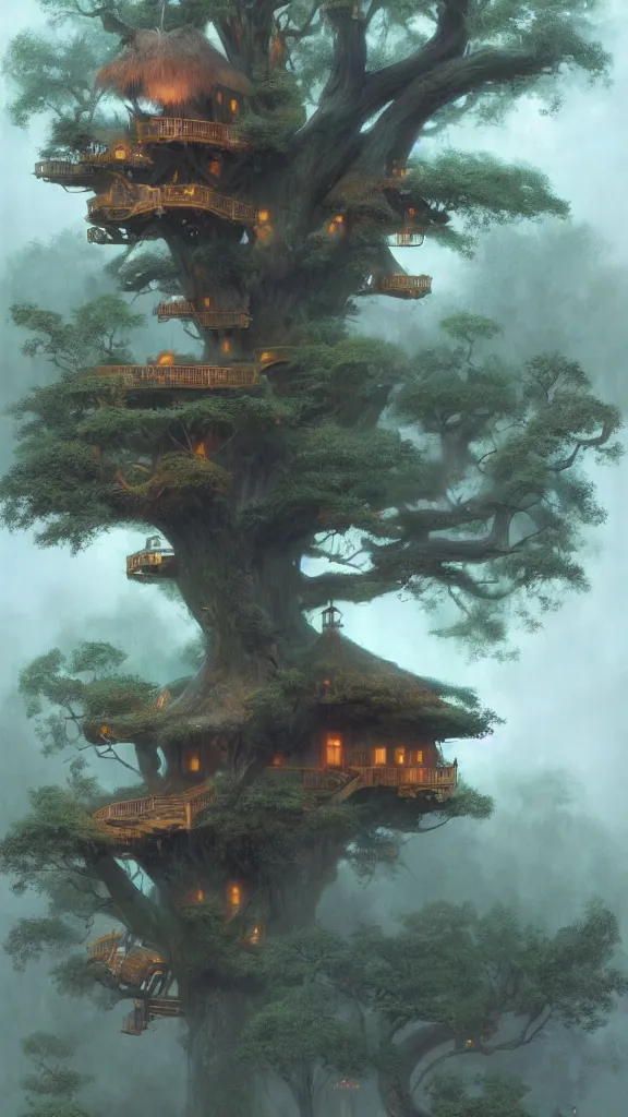 Prompt: A magical treehouse, surrounded by vibrant fog, volumetric light scattering, ultradetailed, eerie, weird animals playing by Ralph McQuarrie, Tatsureo Kiuchi, Hasui Kawase, Jim Burns, Craig Mullins