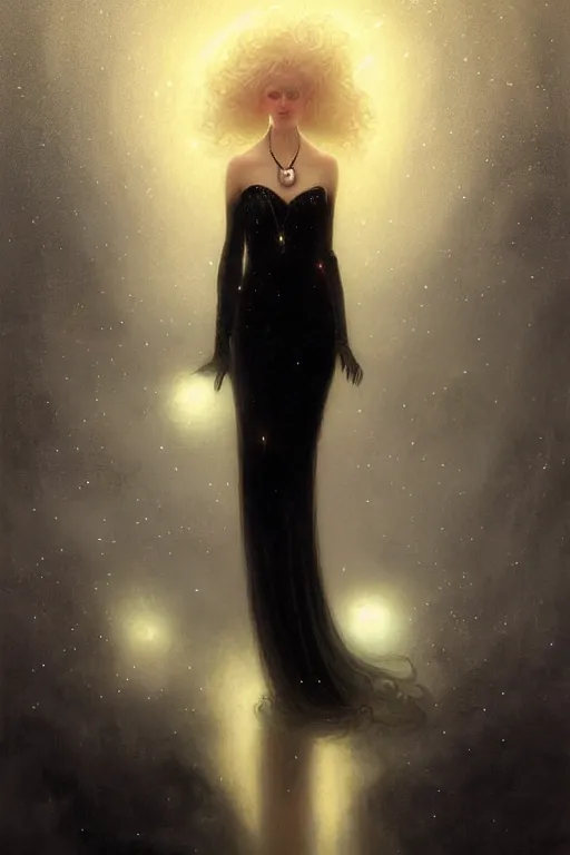 Image similar to Nocturne, glowing, stars, a long-legged elegant sultry woman, long ombre hair, pearl choker, highly detailed, mysterious, ethereal, dressed in black velvet, haute couture, illustration, dramatic lighting, soft details, painting, by Edmund Blair Leighton, Brom, Charlie Bowater, trending on artstation, faces by otto schmidt