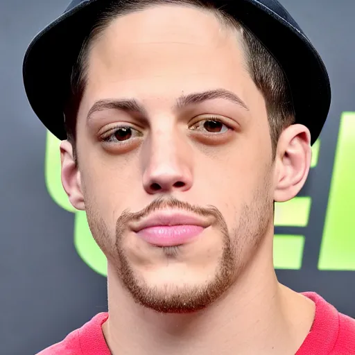 Image similar to pete davidson with a mustache and a black baseball hat, closeup photo