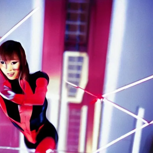 Image similar to Ayumi Hamasaki as spiderwoman , film still, best scene,