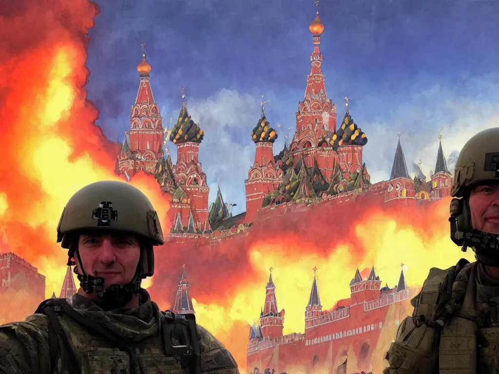 Image similar to special forces nato soldier with yellow shoulder patch takes selfie at red square kremlin burning in the background, d & d, fantasy, bright atmosphere, volumetric lights, intricate, elegant, extremely detailed, digital painting, artstation, concept art, matte, smooth, sharp focus, hyper realistic, illustration, art by artgerm and greg rutkowski and alphonse mucha
