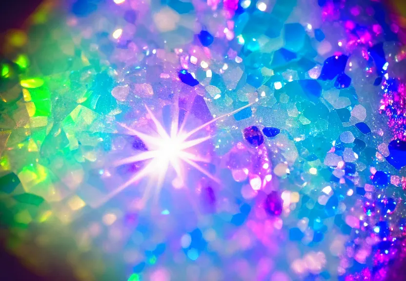 Prompt: iridescent gemstone texture with high refraction, shining, opal, diamond, sapphire, topaz, nature, photo, motion blur, macro lens, lens flare