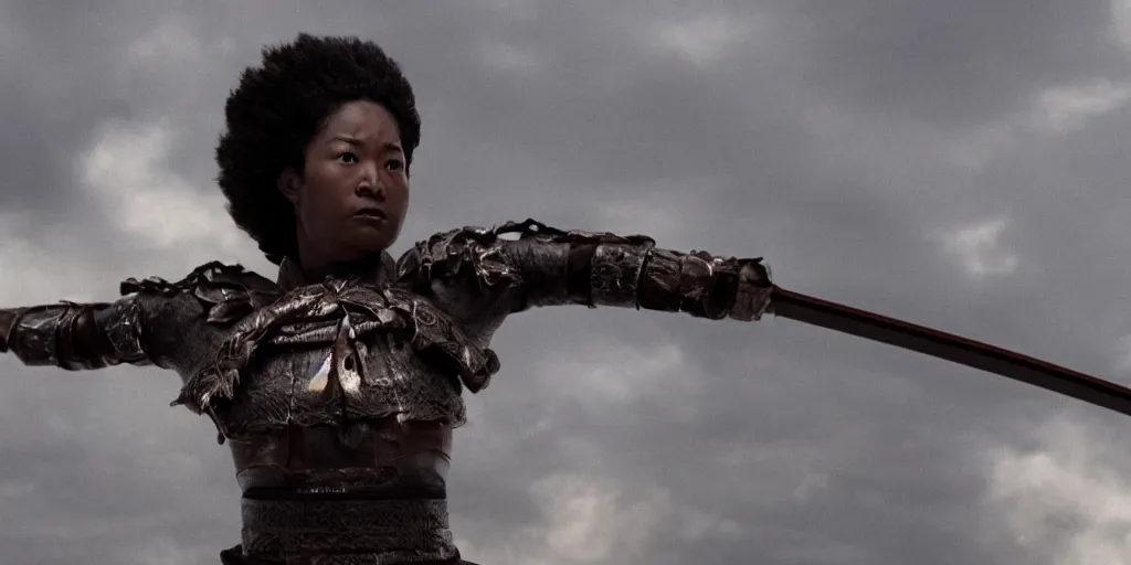 Image similar to a film still of a black woman starring in a japanese blockbuster film as ancient samurai, levitating mid air, intense, shallow depth of field, cinematic, award winning cgi, vfx, film still