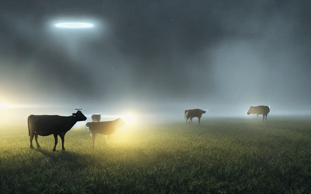 Image similar to alien ufo picking up cow with beam of light in farm, atmospheric, mist, epic, photorealistic, realistic, rule of thirds, extremely detailed, 4 k, 8 k, unreal engine 5 render, rim lighting, rtx, ray traced lighting, shot on 3 5 mm, film grain