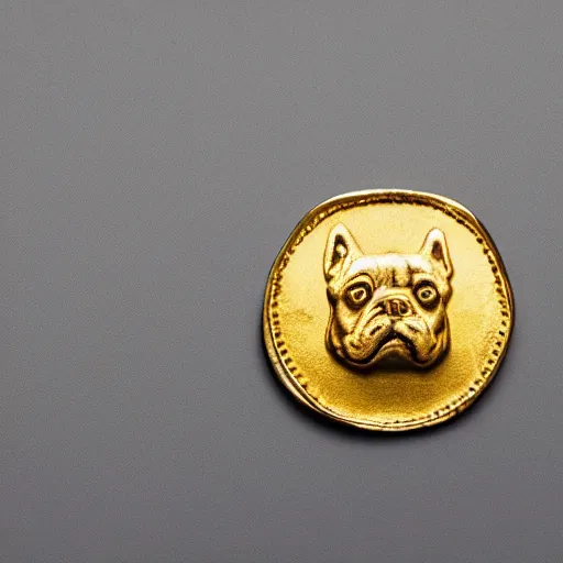 Prompt: an ancient roman gold coin with the face of a french bulldog, close up photo, ultra realistic, studio photo, bokeh.