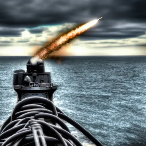 Prompt: Highly detailed photograph of a warship firing its naval automatic gun, HDR, 8k