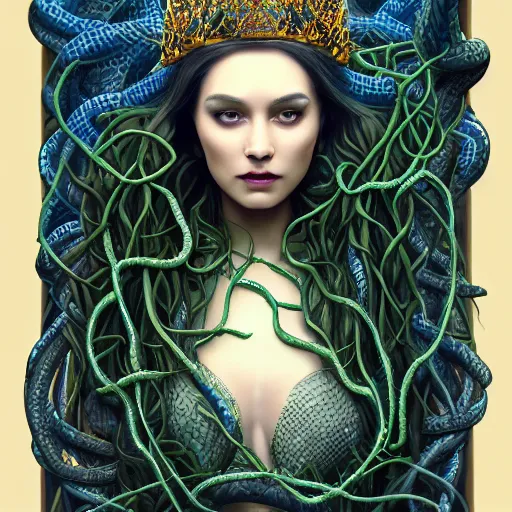 Image similar to detailed portrait of the queen of snakes, realism, pale blue, emerald, sapphire, wearing a crown of vines, nest of vipers, moonlit, dark fantasy, dramatic lighting, cgsociety, artstation