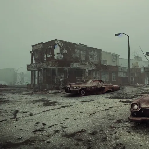 Prompt: wide angle shot of dilapidated fallout 5 in real life, desolate dilapidated town, empty streets, nightmarish, some rusted retro futuristic fallout 4 style parked cars, overcast, blankets of fog pockets, rain, volumetric lighting, beautiful, daytime, autumn, sharp focus, ultra detailed, cgsociety