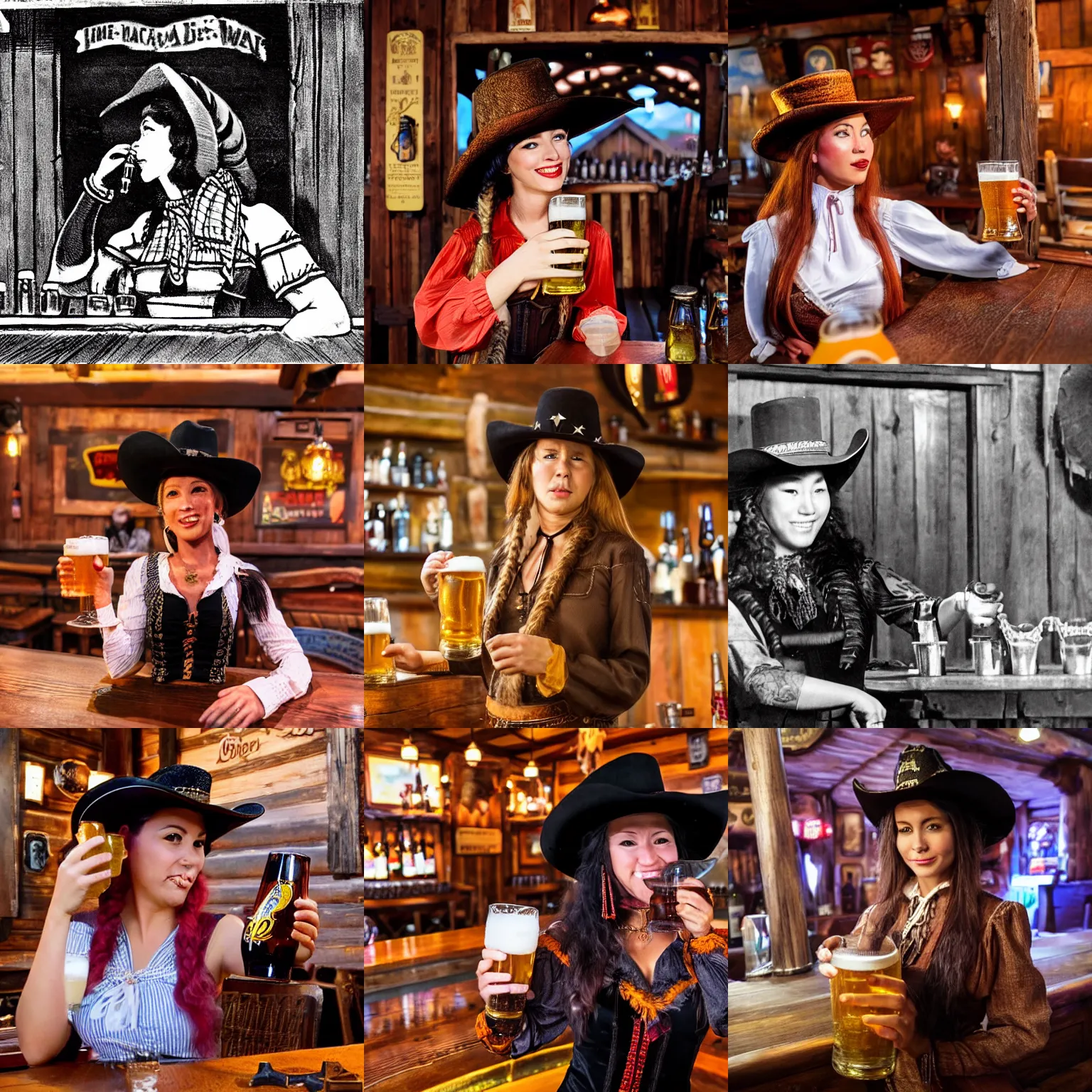 Prompt: a female mi'qote drinking a beer in a saloon from the far west. she is wearing a cowboy outfit