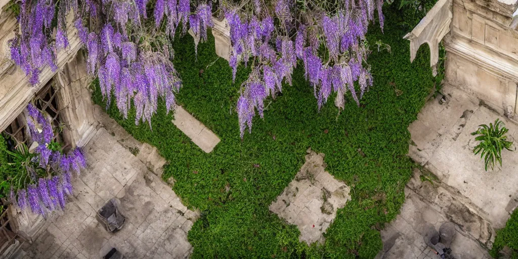 Prompt: drone photo of a ancient roman house with wisteria flowers, wallpaper, arhitectural shot, national geographic, award arhitectural photography, professional arhitectural photography, sunny, day time, beautiful, warm light, fernando guerra, tekla evelina severin, karen vikke