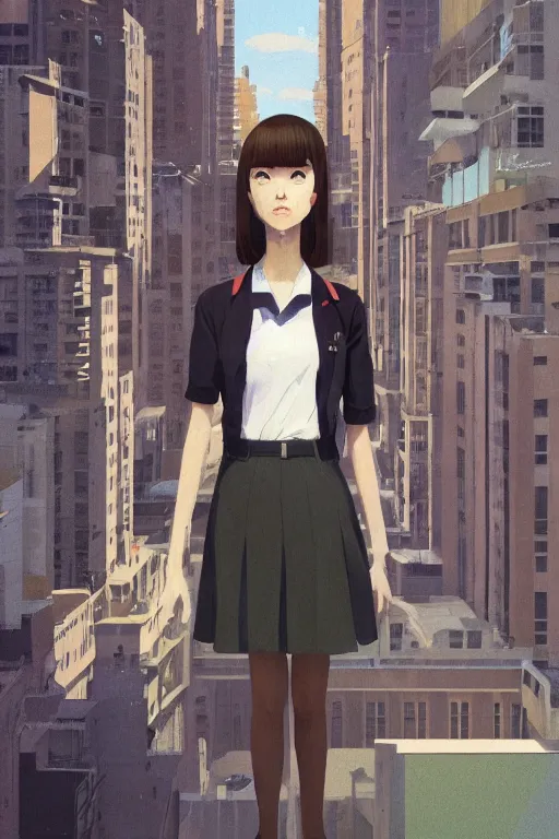 Prompt: a cute giantess wearing school uniform standing in the city which seem small, bird's eye view, strong brush stroke, sharp focus, illustration, morandi color scheme, art station, by ilya kuvshinov