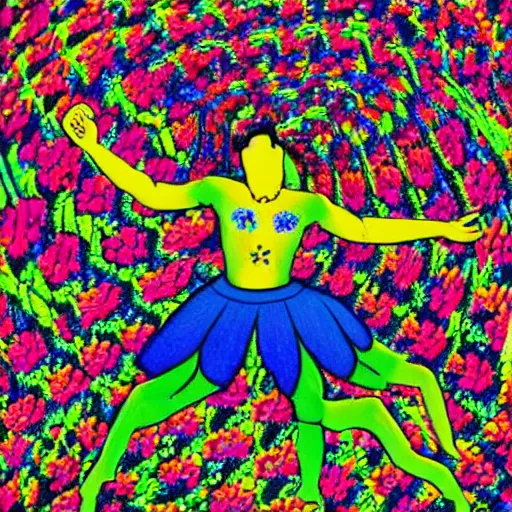 Image similar to god of psychedelics dancing in a vortex made of flowers