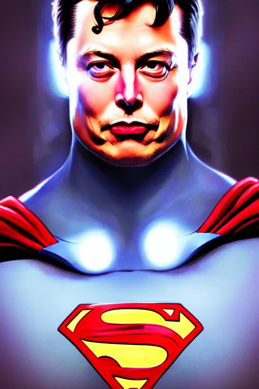 Prompt: elon musk as superman, realistic portrait, symmetrical, highly detailed, digital painting, artstation, concept art, smooth, sharp focus, illustration, cinematic lighting, art by artgerm and greg rutkowski and alphonse mucha