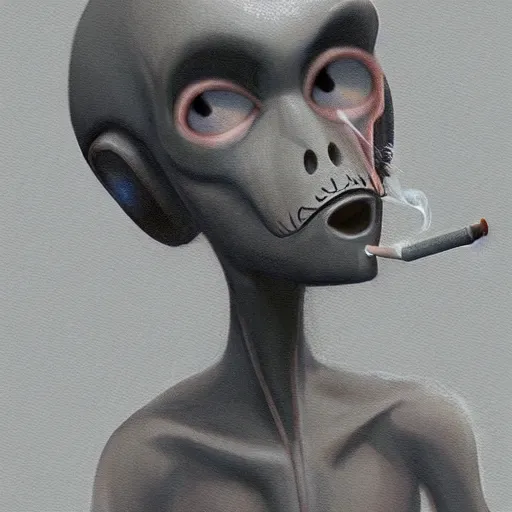 Prompt: Gray Alien working in Radioshack smoking a cigarette, White pixiv artist WLOP artstation artist Mam BA artstation real photo very detailed