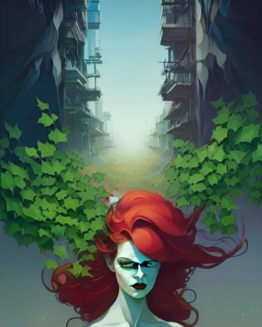 Image similar to peter mohrbacher, joshua middleton, phil noto comicbook cover art, artgerm, emma stone poison ivy, vines, symmetrical eyes, city rooftop