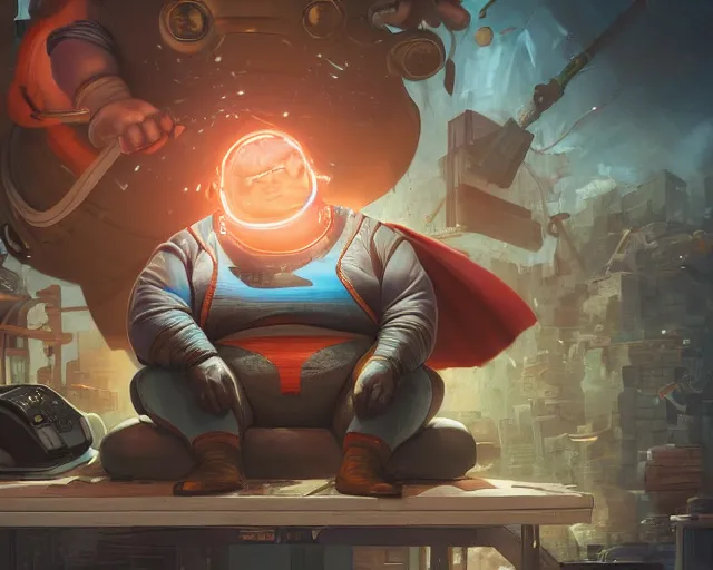 Image similar to an insanely detailed painting of a slightly chubby, nerdy asian man wearing a superhero costume, sitting at a desk, staring at the nervously at the computer and typing, in the style of peter mohrbacher, dramatic lighting and composition, octane render, pixar, trending on artstation, concept art, comic book, view from behind