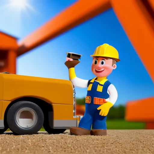 Prompt: bob the builder at home depot, 4 k, hyper realistic, dslr, high resolution, landscape, beautiful