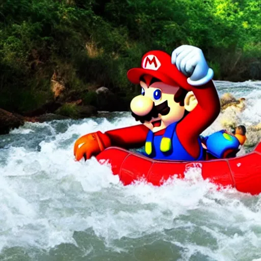 Image similar to mario rafting in a violent river