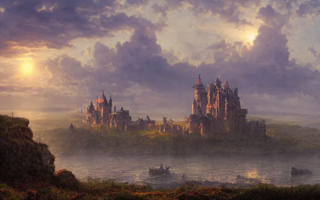 Image similar to large grand medieval castle at dawn, on a hill, small town surrounding, steampunk, ocean in the distance, cinematic lighting, intricate ink illustration, by albert bierstadt, artstation trending