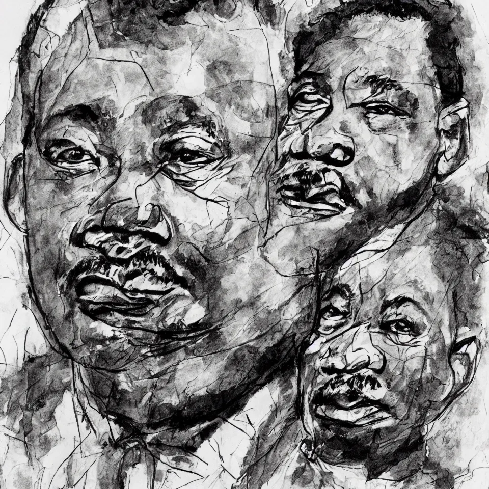 Image similar to A loose messy wild ink sketch portrait of Martin Luther King in the style of Ralph Steadman and Paul Klee, caricature, dramatic