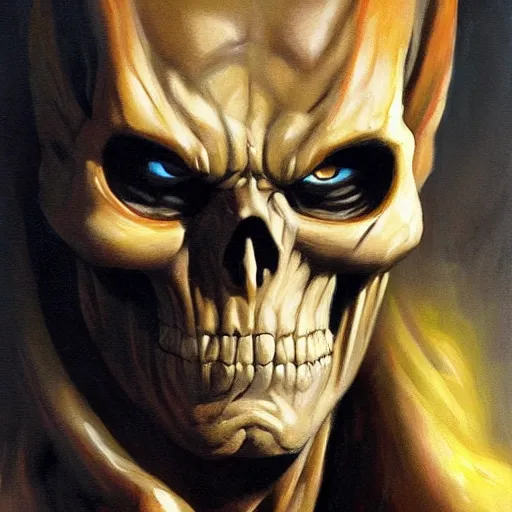 Image similar to ultra realistic portrait painting of skeletor as wolverine, art by frank frazetta, 4 k, ultra realistic, highly detailed, epic lighting