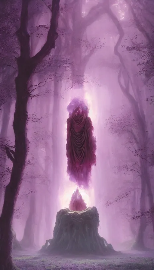 Image similar to Hyper realistic oil painting of a future sci-fi ancient god on the middle of a purple forest holding a portal that's about to explode, fog, volumetric lighting, nighttime, moonlight, by Greg Rutkowski and Diego Velázquez