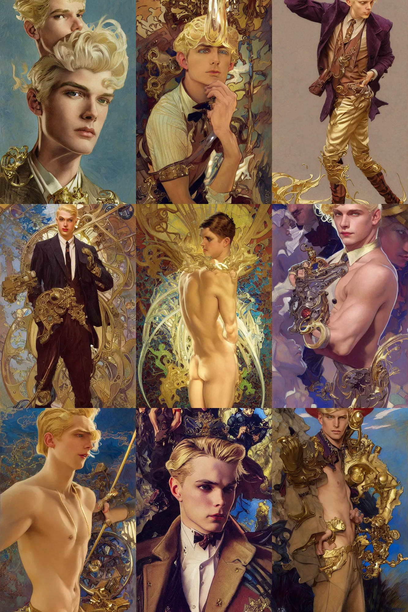 Prompt: beautiful young male character, blonde hair, gold, 1 9 2 0 s fashion, fantasy, art by joseph leyendecker, donato giancola, dean cornwell, peter mohrbacher, ruan jia, marc simonetti, ayami kojima, cedric peyravernay, alphonse mucha