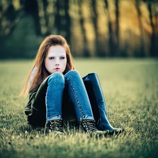 Prompt: young girl lies on a meadow, she wears leather jacket, jeans and black boots, intricate, sharp focus, photo taken by nikon, 4 k,