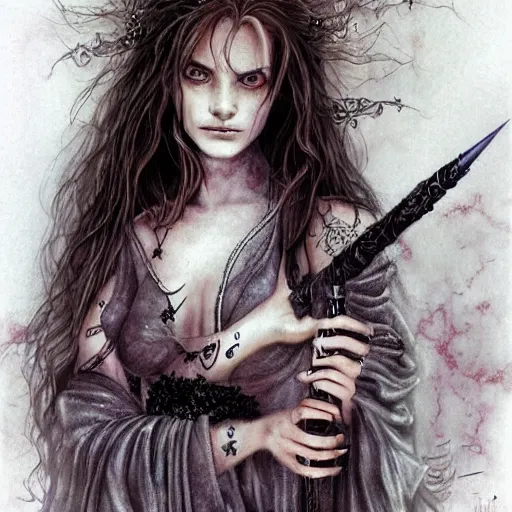 Prompt: dressed Hermione in tattoos conjuring with a magic wand, by luis royo, beautiful gown, beautiful eyes, Beautiful face, by Aggi Erguna, high detail, high resolution
