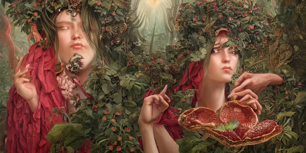 Image similar to breathtaking detailed concept art painting of the goddess of rafflesia arnoldii flowers, orthodox saint, with anxious, piercing eyes, ornate background, amalgamation of leaves and flowers, by Hsiao-Ron Cheng, James jean, Miho Hirano, Hayao Miyazaki, extremely moody lighting, 8K