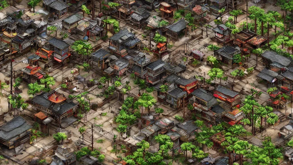 Prompt: small, quaint, oriental ancient cyberpunk japanese village in cyberpunk style,, hyperrealistic, highly detailed, 4 k hd