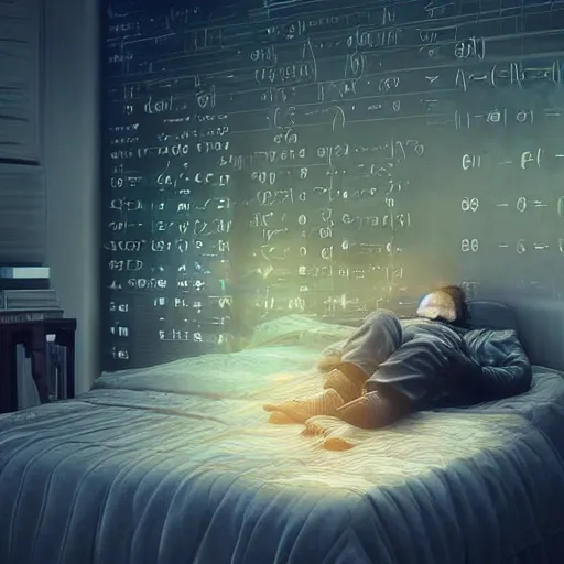 Image similar to A mathematician sleeping in his bed finds the source of his ideas in a dream, numbers float around with lots of symbols, digital art, cinematic lighting rendered by octane, 8k, detailed, intricate, clean and textures, trending on artstation, treanding on deviantart, trending on cgsociety, pinterest