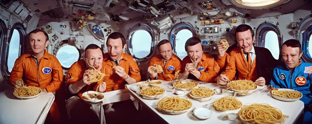 Image similar to apollo 1 1 astronauts eating spaghetti in space, ultra - realistic faces, fine detail, anon 5 0 mm, in the style of diane arbus, in the style of wes anderson, kodachrome, retro