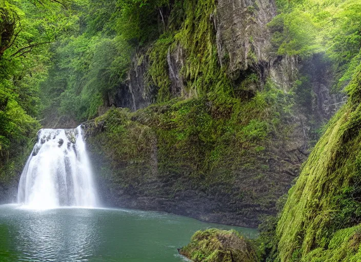 Image similar to a long capture photo of a magical waterfall, high cliff