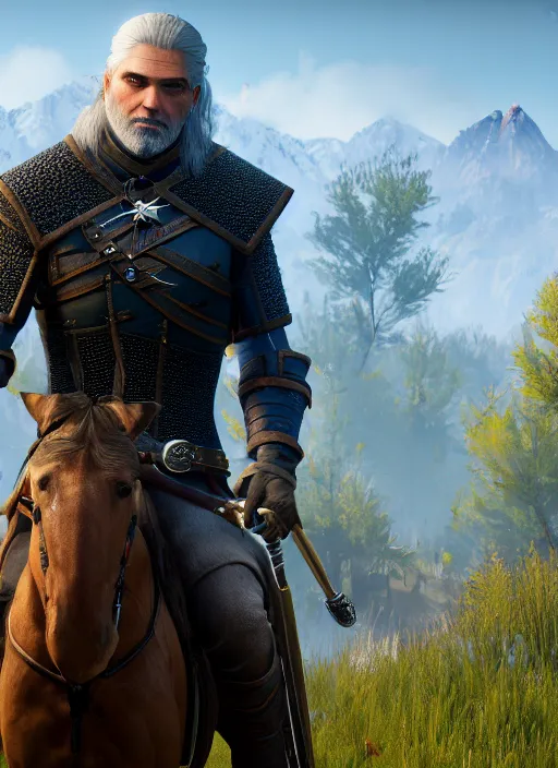 Image similar to George Clooney in The Witcher 3, gameplay, 8k, HD