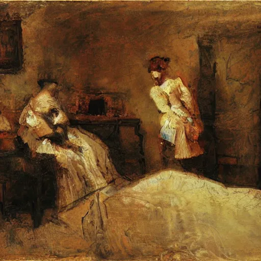 Prompt: two blurry figures in a messy room. Crumpled sheet in bottom-left corner. Impasto, stylized abstract. By Rembrandt warm color scheme.