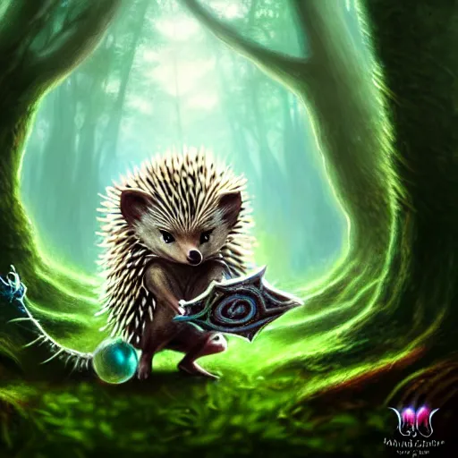 Prompt: Hedgehog fantayy druid, Tzeentch, portrait, nature, fairy, forest background, magic the gathering artwork, D&D, fantasy, cinematic lighting, centered, symmetrical, highly detailed, digital painting, artstation, concept art, smooth, sharp focus, illustration, volumetric lighting, epic Composition, 8k, art by Akihiko Yoshida and Greg Rutkowski and Craig Mullins, oil painting, cgsociety