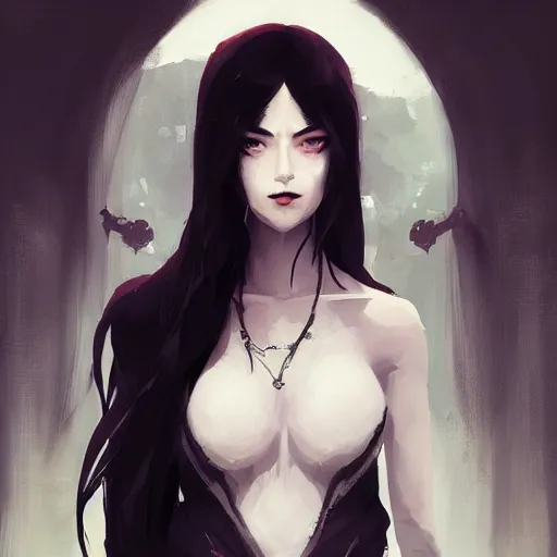 Image similar to female human vampire witch in the style of greg rutkowski, makoto shinkai, trending on artstation, character design, concept art, pretty face, highly detailed, long black hair, portrait, digital art