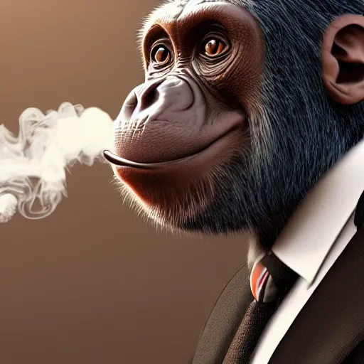 Image similar to a high detail shot of a chimp wearing a suit, smoking, unreal engine