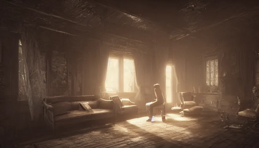 Prompt: highly detailed portrait of a lonely man crying in a beautiful house, unreal engine, fantasy art by phillippe bouchet